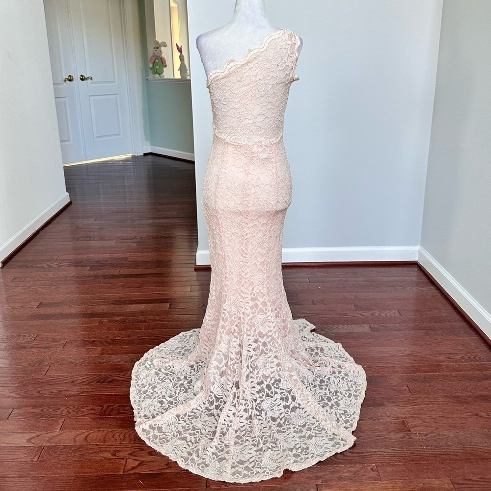 Morgan & Co Glitter Peach One Shoulder Lace Formal Sexy Gown Dress Size 3/4 - Picture 2 of 12